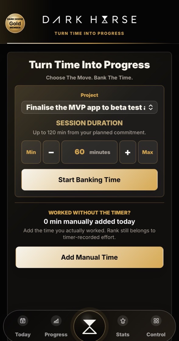 Dark Horse time banking screen